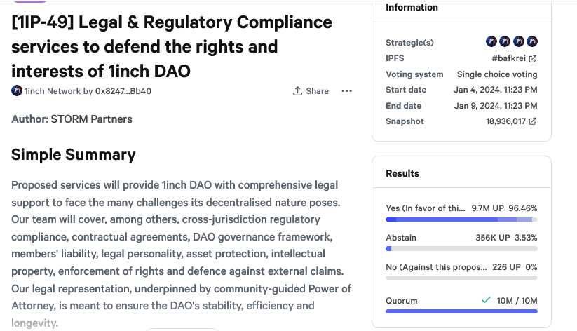 1inch DAO Makes DeFi History, Votes To Onboard Legal Counsel