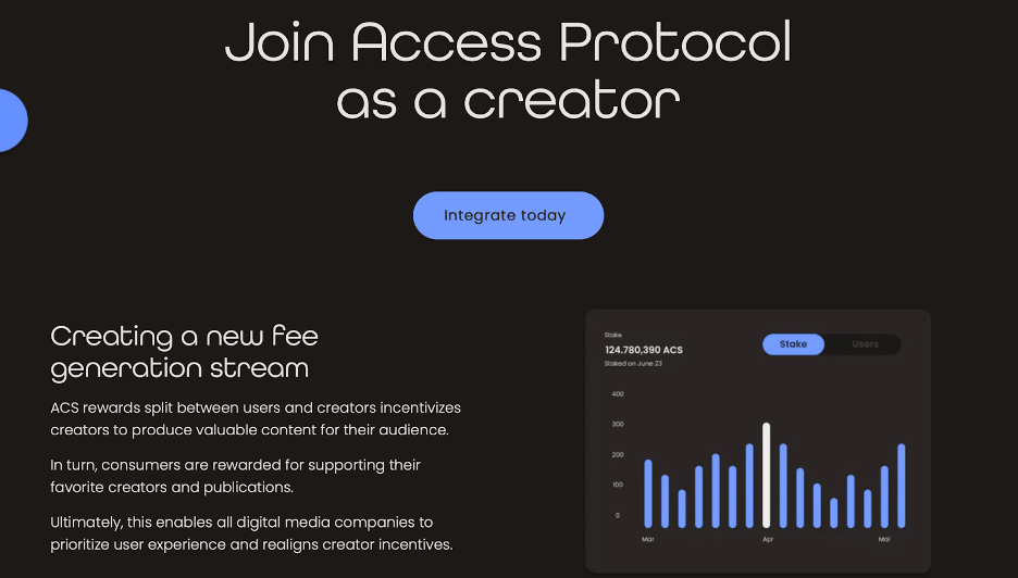The homepage of Access Protocol, showcasing features for digital media monetization and content creators.