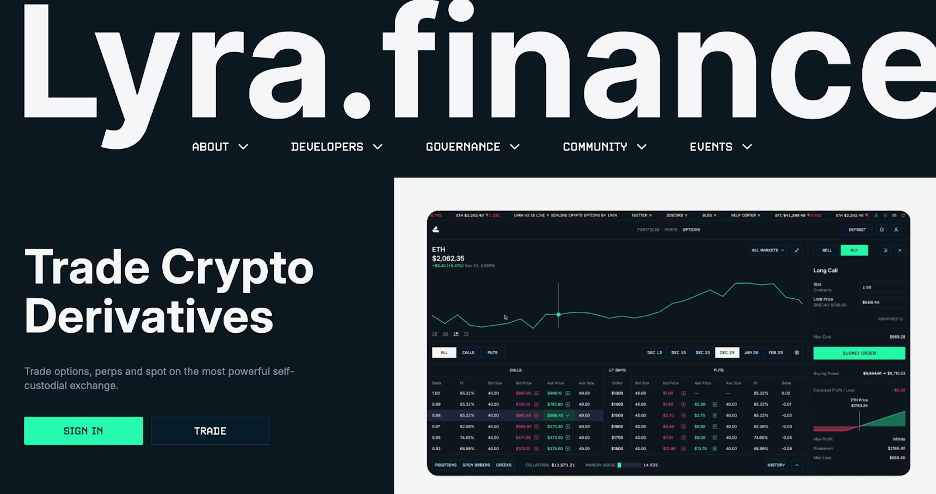 The homepage of Lyra Finance, featuring DeFi lending and borrowing solutions for users to earn interest on cryptocurrencies.