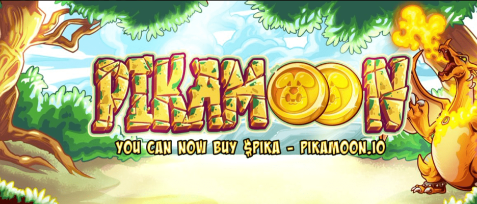 A colourful banner displaying Pikamoon's logo and key features, inviting users to explore the exciting world of blockchain gaming and decentralised finance.