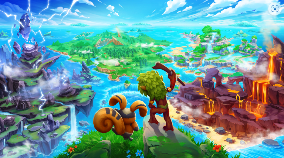 A serene landscape showcasing the immersive world of Pikamoon, featuring lush greenery, towering trees, and a tranquil river, inviting players to embark on an adventure in this vibrant blockchain-based game.