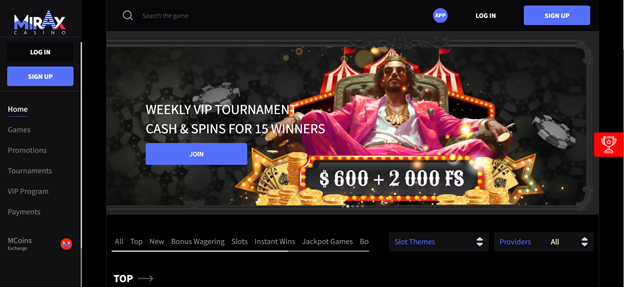 Mirax online casino homepage