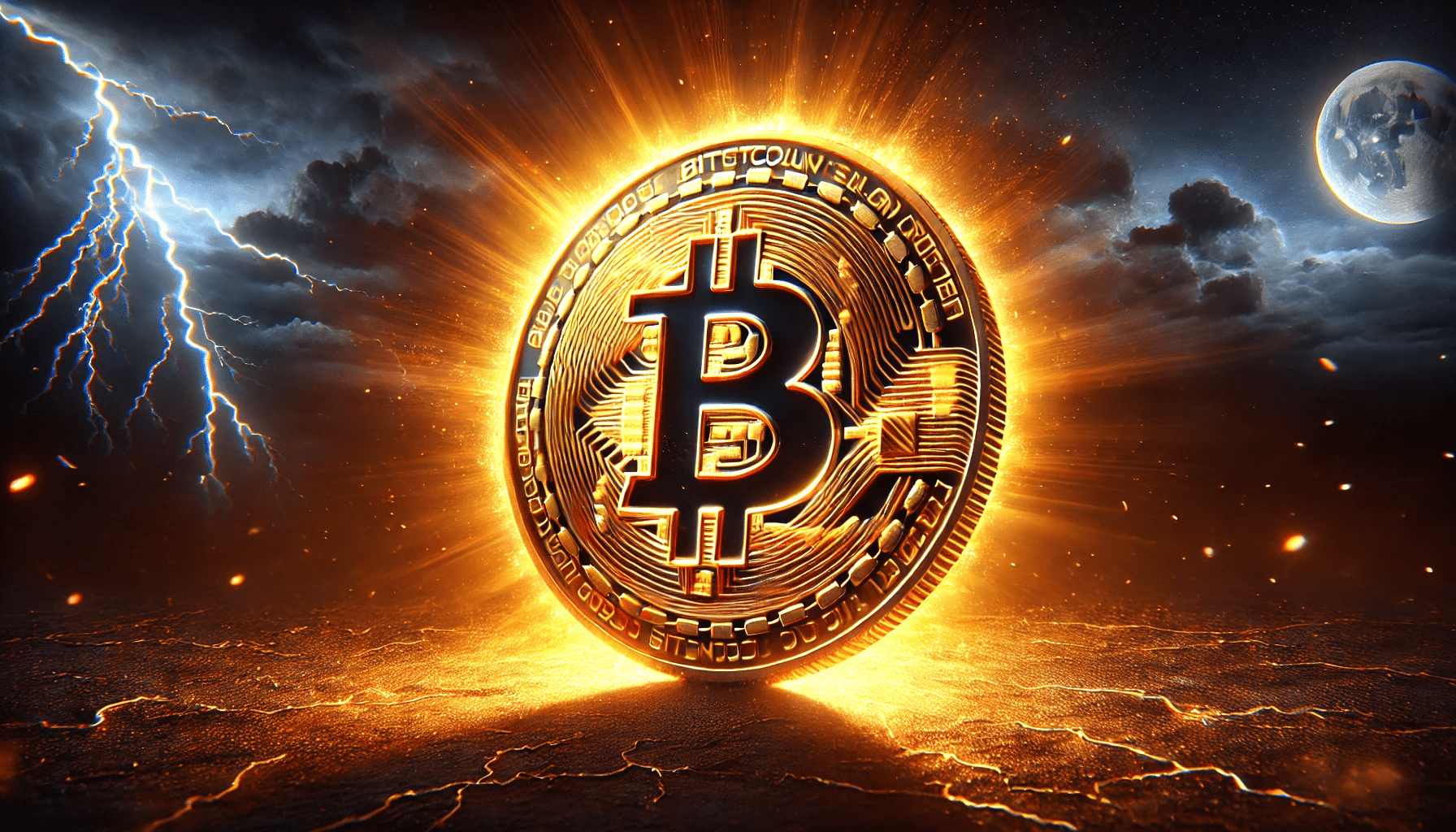 Bitcoin dorado brillante sobre fondo oscuro y dramático