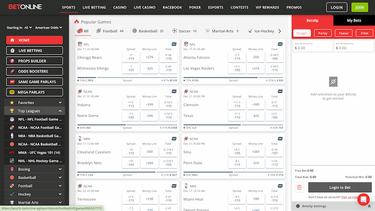 betonline sportsbook's ncaa and nfl betting page