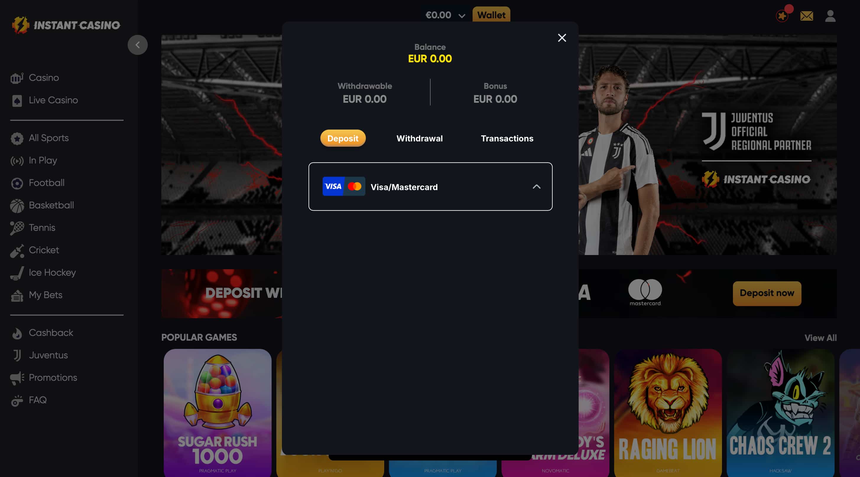 instant casino deposits with visa or mastercard