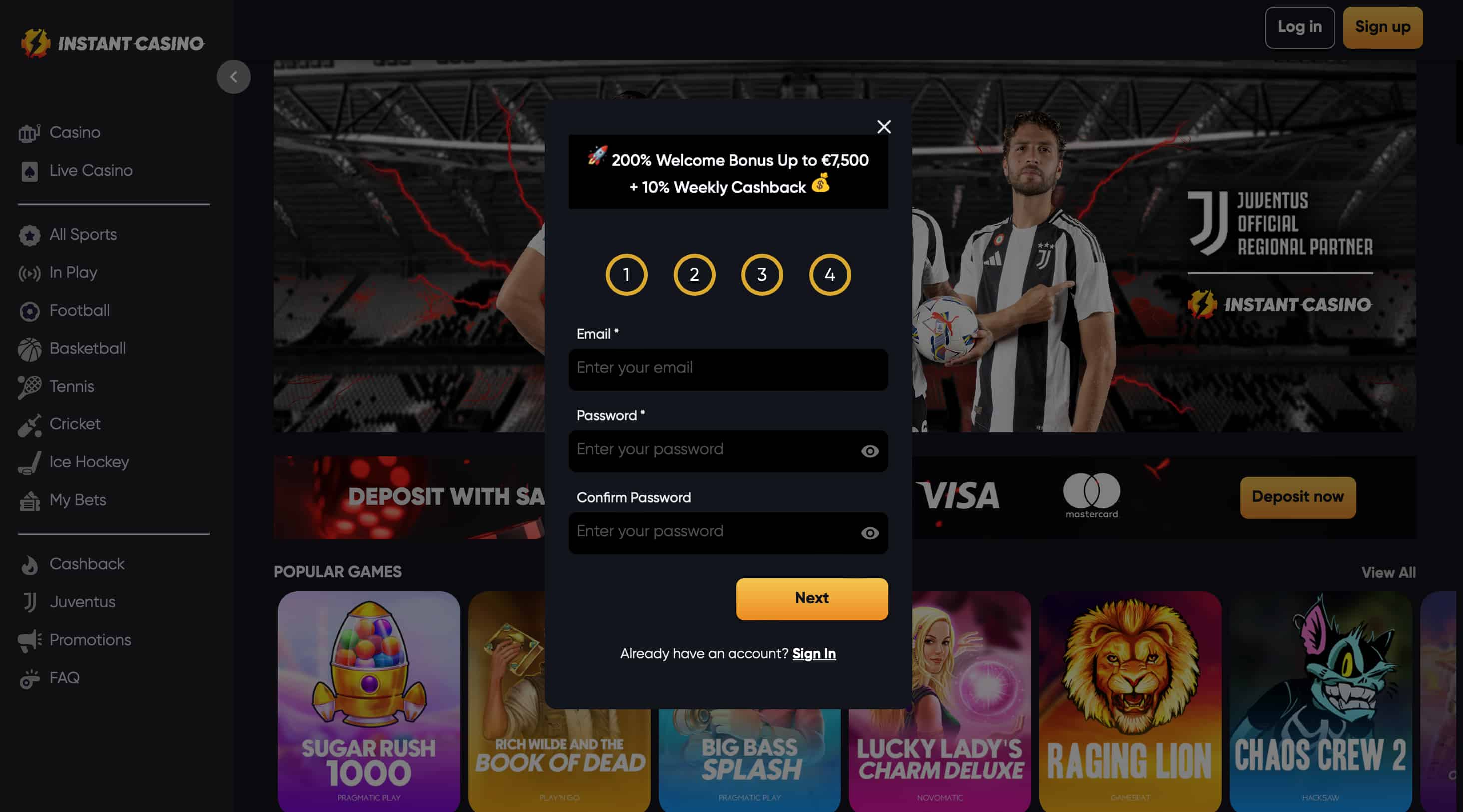 Instant Casino registration form