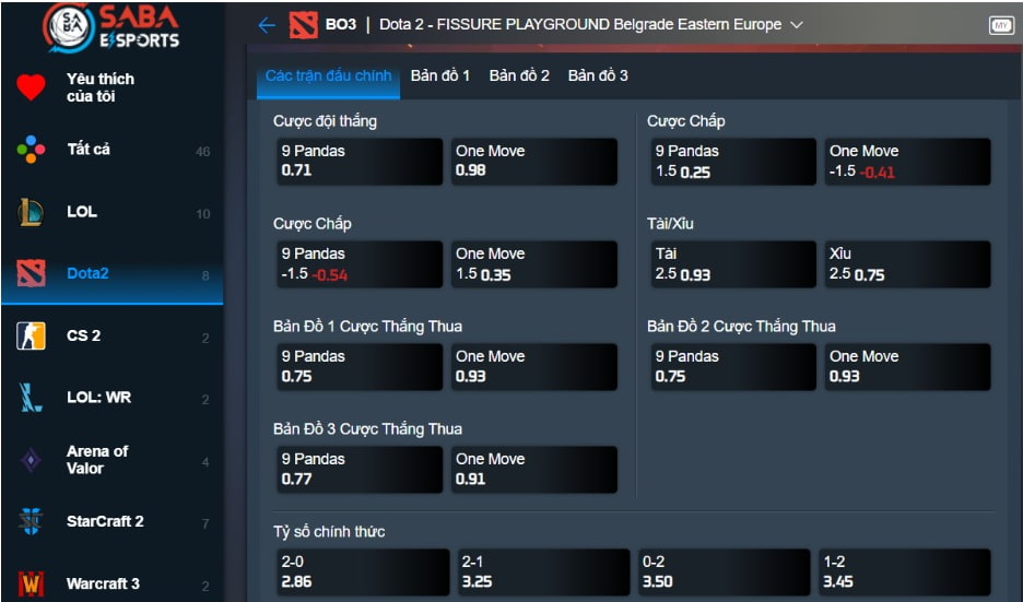Lựa chọn kèo DOTA 2 và đặt cược