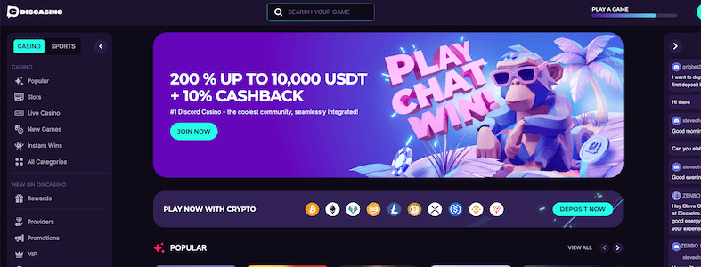 DisCasino nos permite usar Bizum como método de pago, aceptando las principales criptomonedas como Bitcoin y las más populares del mercado.