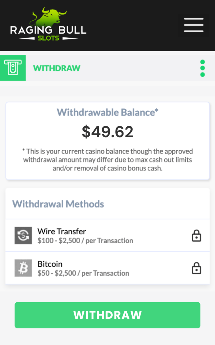 RAging Bull Casino safe online casino withdrawal page screenshot