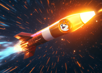宇宙空間を飛行するロケットの側面にドージコインのロゴが描かれ、青とオレンジの光の軌跡と火花が周囲に広がっている