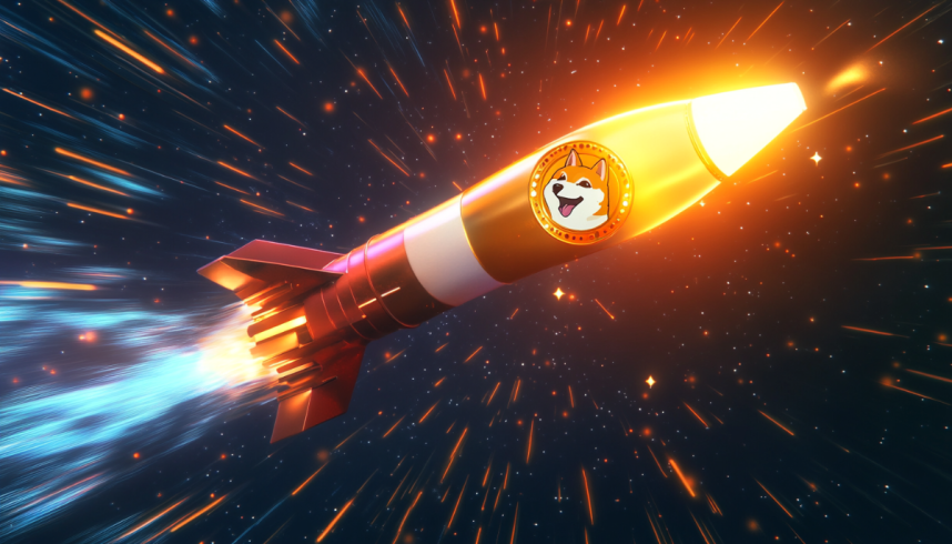 宇宙空間を飛行するロケットの側面にドージコインのロゴが描かれ、青とオレンジの光の軌跡と火花が周囲に広がっている
