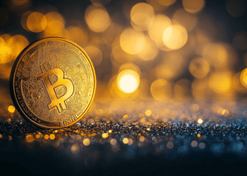 キラキラと輝く黄金のビットコインコインが、ぼかした光の玉ボケを背景に、暗い表面に立てかけられている様子。