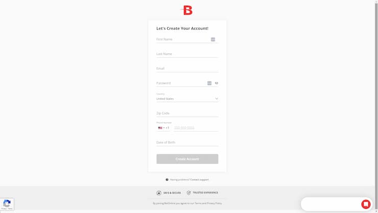 create an account at betonline