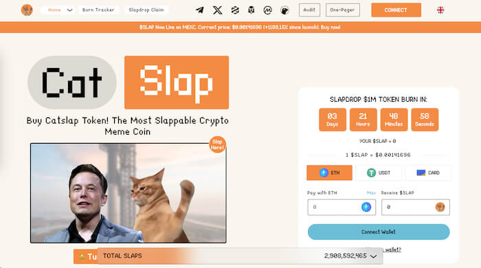 الصفحة الرئيسية لموقع Catslap تعرض أداة اكتتاب SLAP