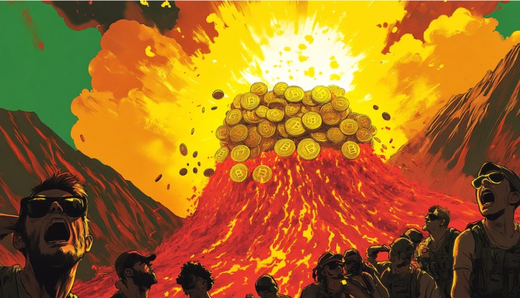 Cryptocurrencies exploding from an erupting volcano