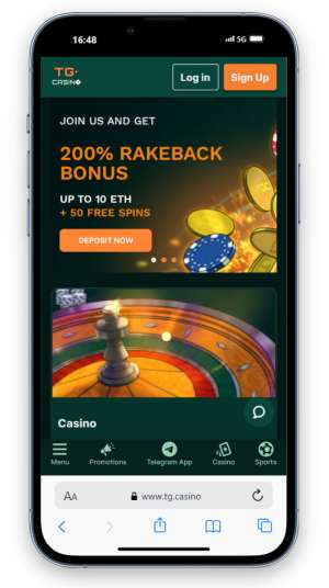 TG.Casino mobile homepage.
