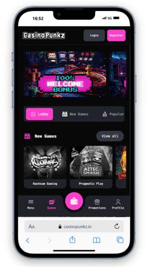 The casinopunkz.io Mobile view of slot game selection on Litecoin Casino Australia with multiplier challenge banner.