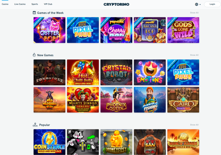 sceenshot of The slots lobby at Cryptorino casino