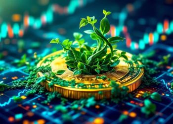 VINEコインのロゴとチャートが映し出された未来的なトレーディング画面