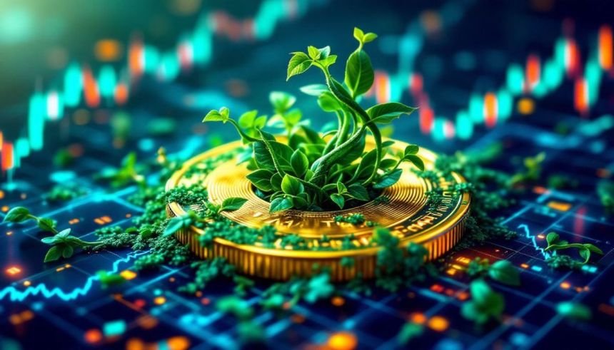 VINEコインのロゴとチャートが映し出された未来的なトレーディング画面