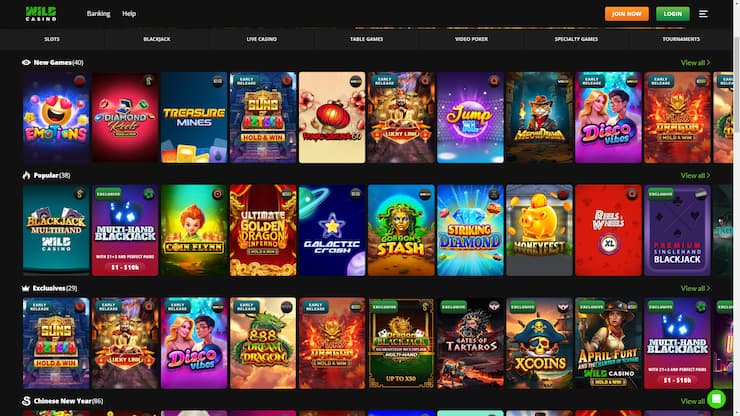 screenshot of the homepage of wild casino, a top paysafe card casino alternative 