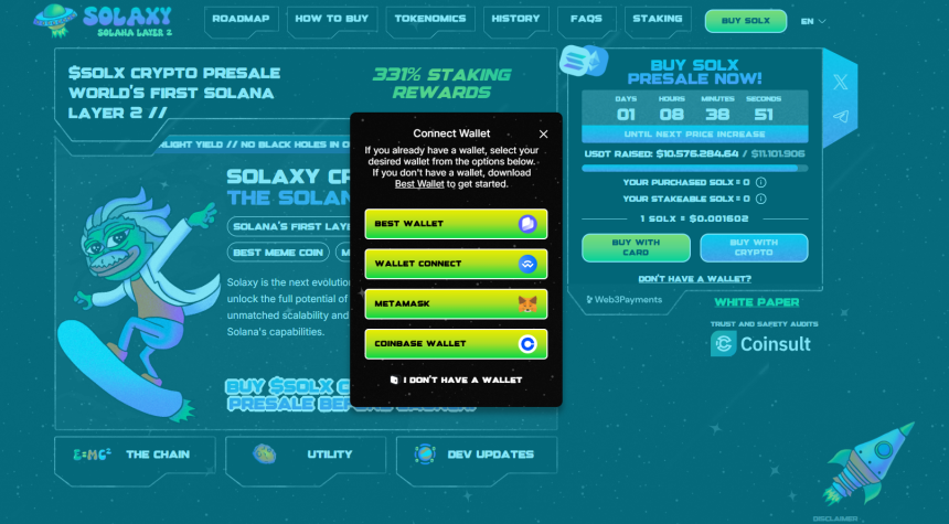 نافذة اختيار المحفظة لربطها مع موقع Solaxy