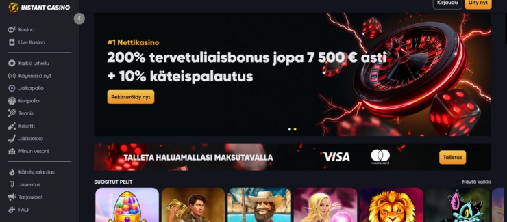 Instant Casino suomenkielinen kotisivu.