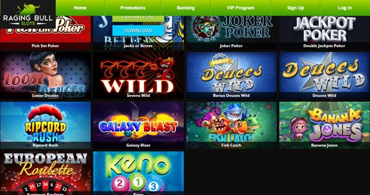 screenshot of some of the best online casino games for real money that Raging Bull offers