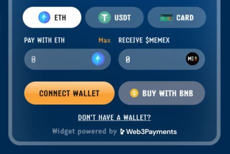 ربط المحفظة وخيارات الدفع لشراء عملة MEMEX في قسم الاكتتاب