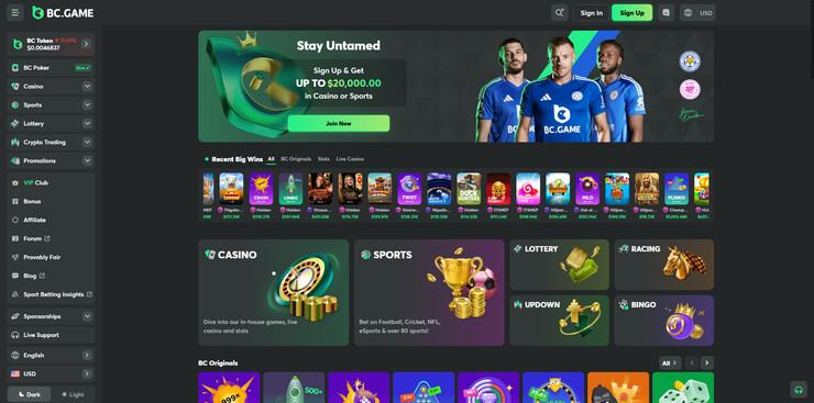 bc game homepage with games and bonus