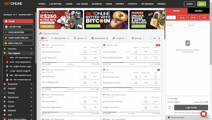 BetOnline home page for sports bettors in Florida