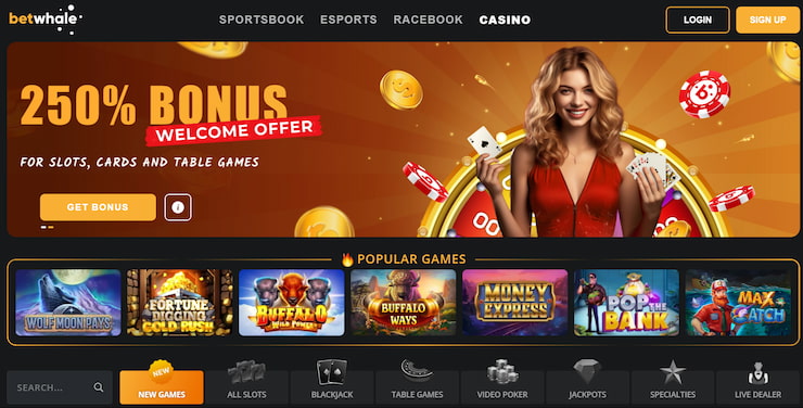 Casino tab of BetWhale. The page shows the Betwhale welcome offer which matches the player’s deposit up to 250% and displays a carousel of Betwhale’s featured casino games and services.