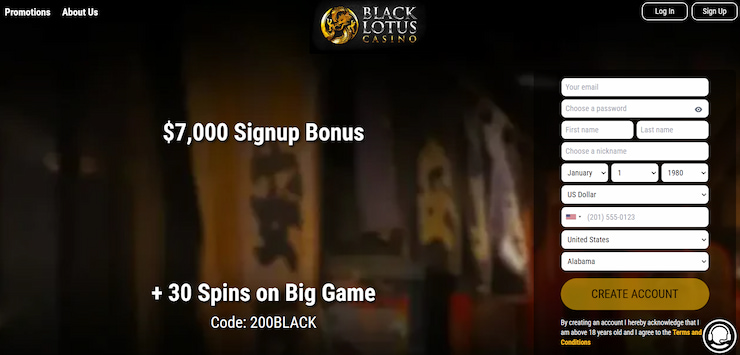 Main page of Black Lotus casino, highlighting the $7000 sign-up bonus.
