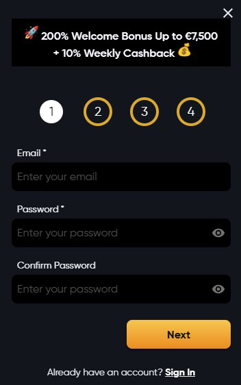 instant casino sign up page
