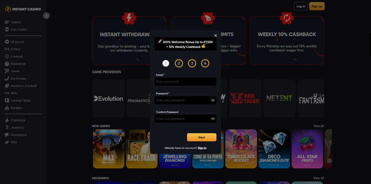 instant casino registration page