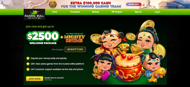 Home page of Raging Bull Slots, which prominently features the $2500 welcome bonus as well as a sign-up button.
