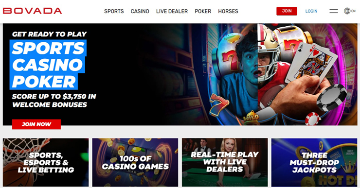 bovada homepage with sportsbook and betting features