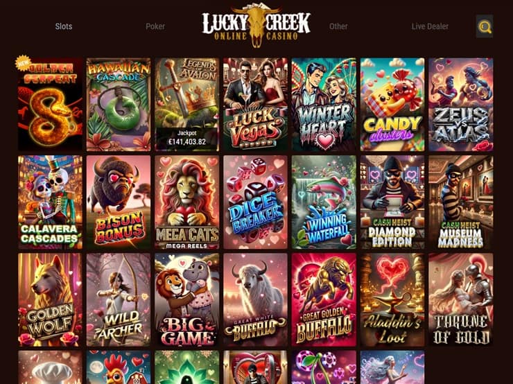 screenshot of lucky creek online casino that features paysafecard casino deposit alternatives