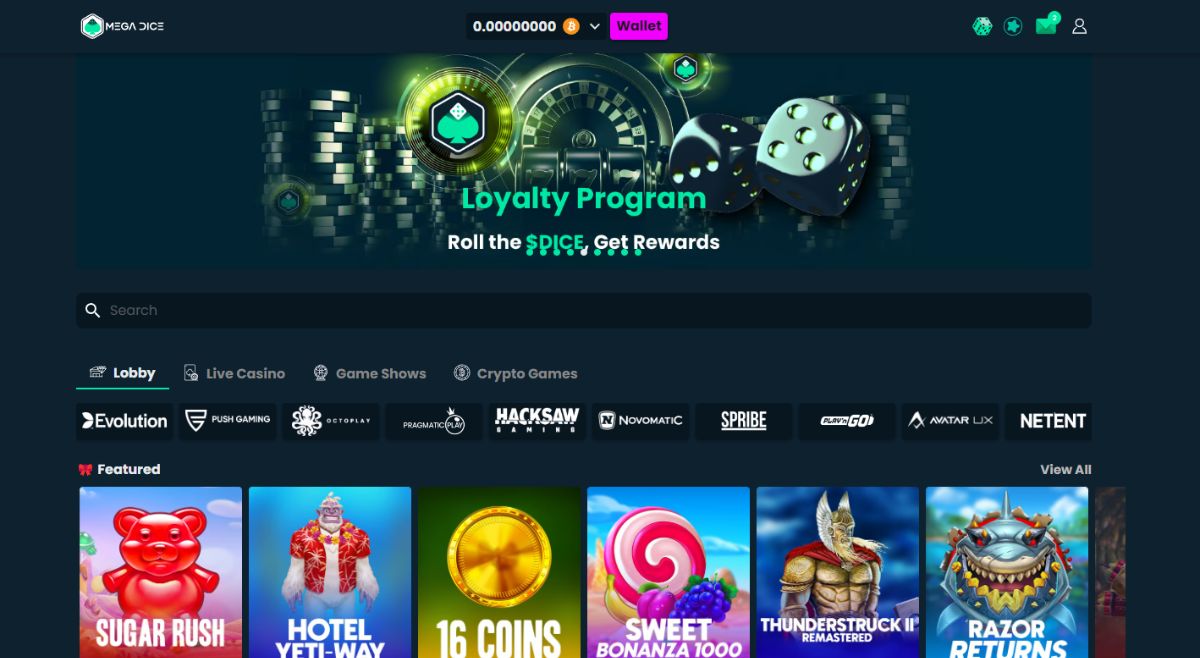 mega dice casino games and promo on homepage