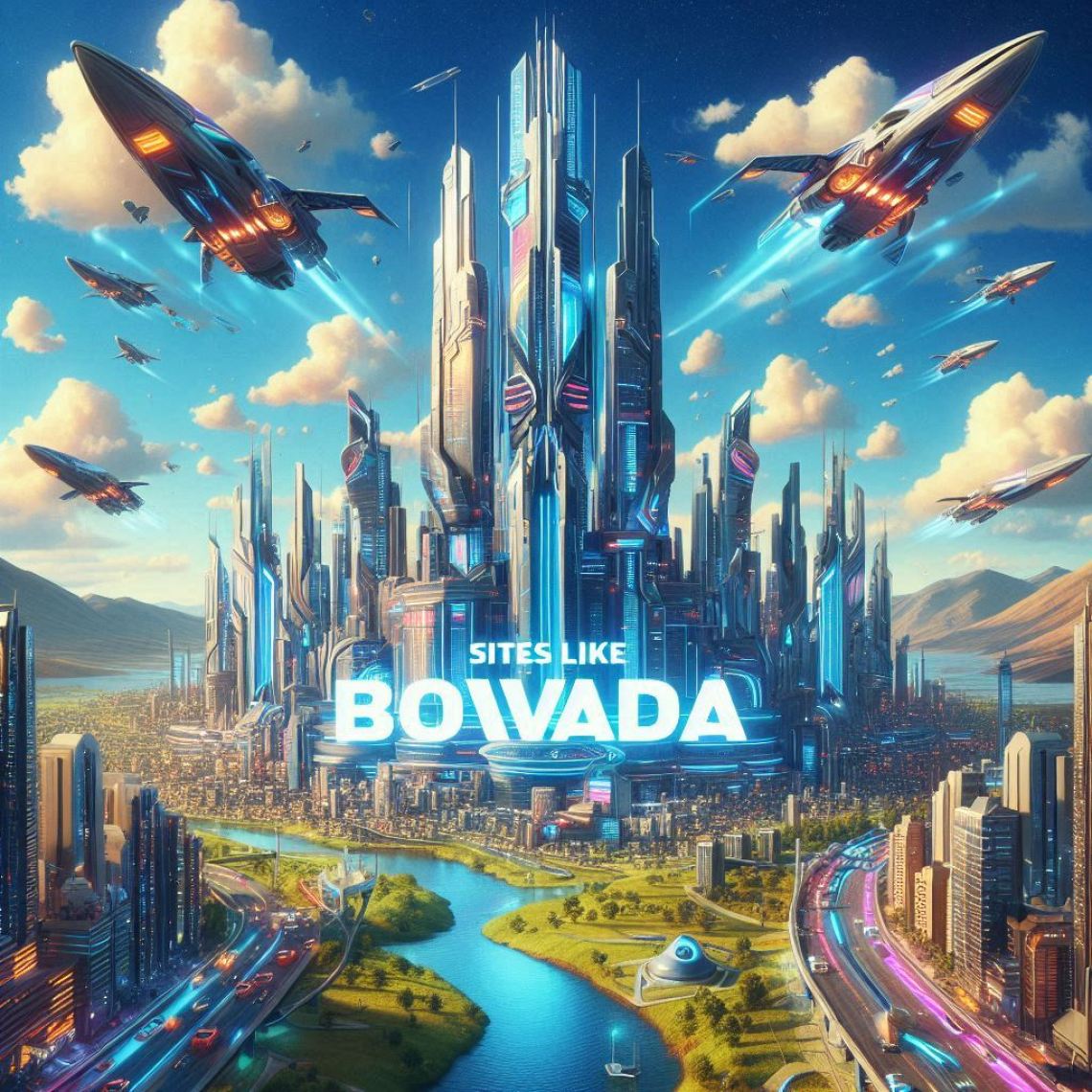 Futuristic city with sites like bovada written in the foreground