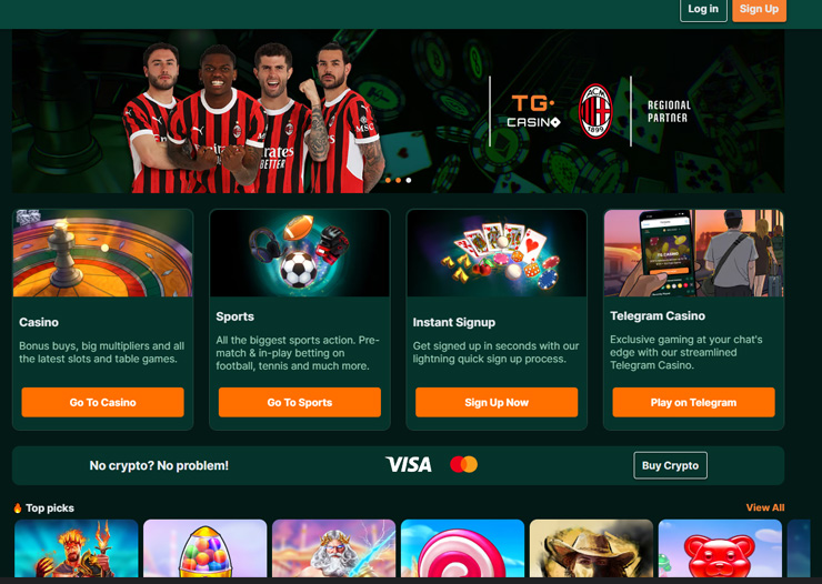 tg casino bonus and games on homepage