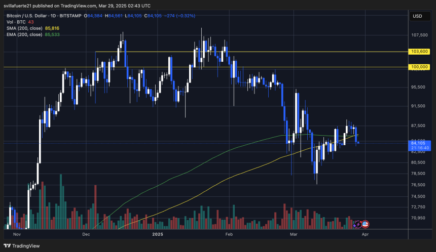 BTC trading below the 200-day MA | Source: BTCUSDT chart on TradingView