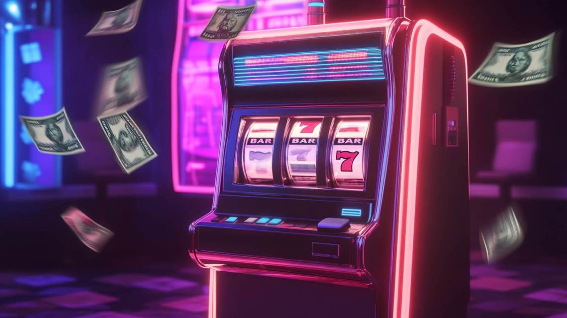 Graphic showing a slot machine with flying money to indicate the best casinos with fast payouts