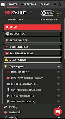 The mobile homepage for BetOnline STATE sports betting