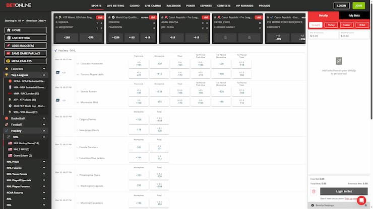 screenshot of BetOnline's NHL betting odds