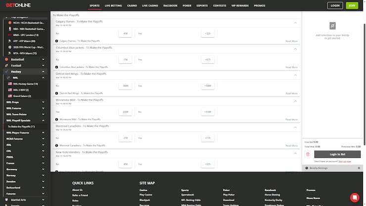 screenshot of betonline odds to make NHL playoffs