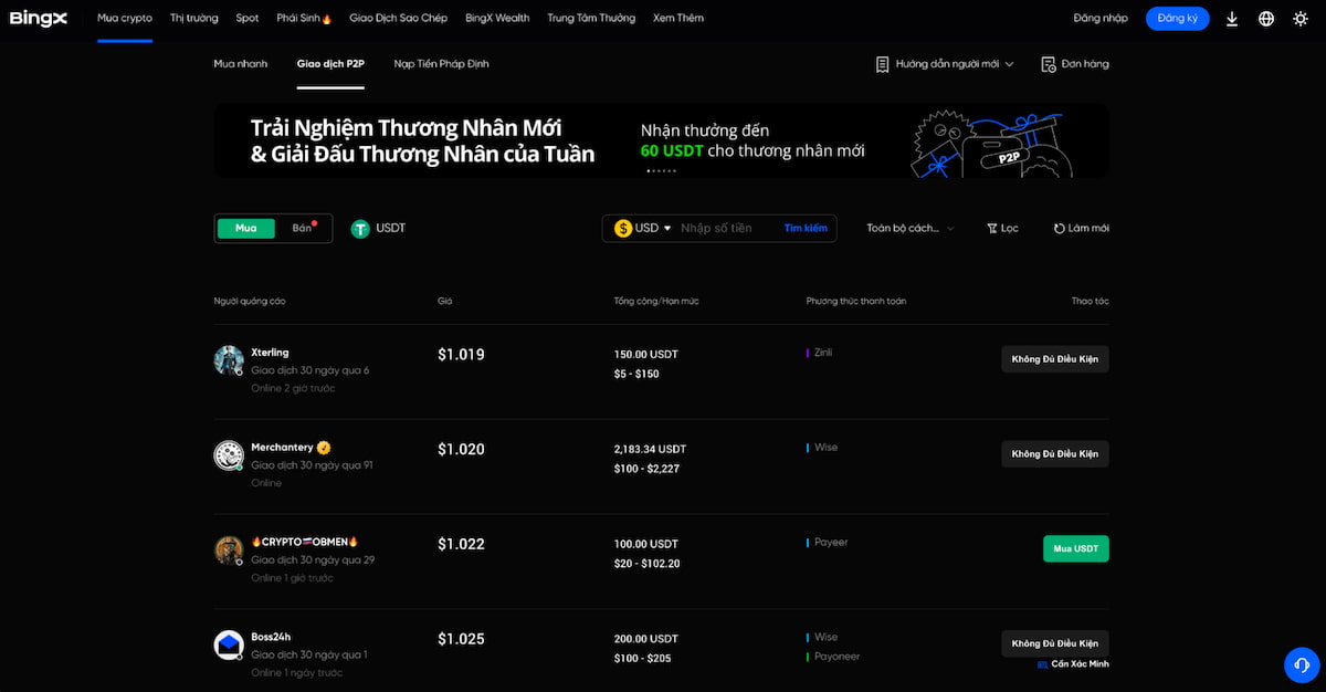 BingX – Giao dịch coin P2P