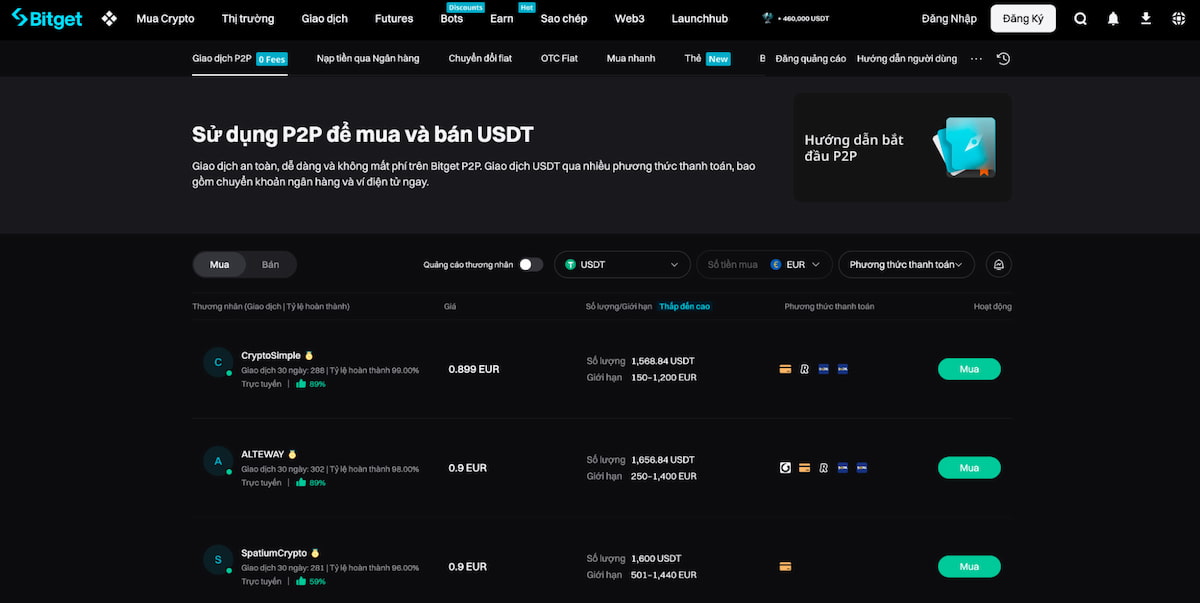 Bitget – Dịch vụ P2P tiền điện tử