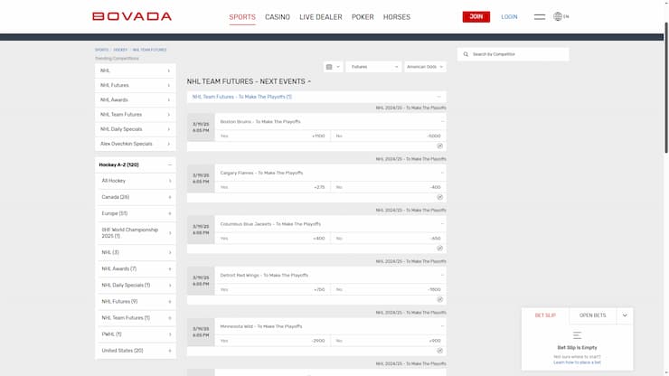 Bovada NHL Team Futures