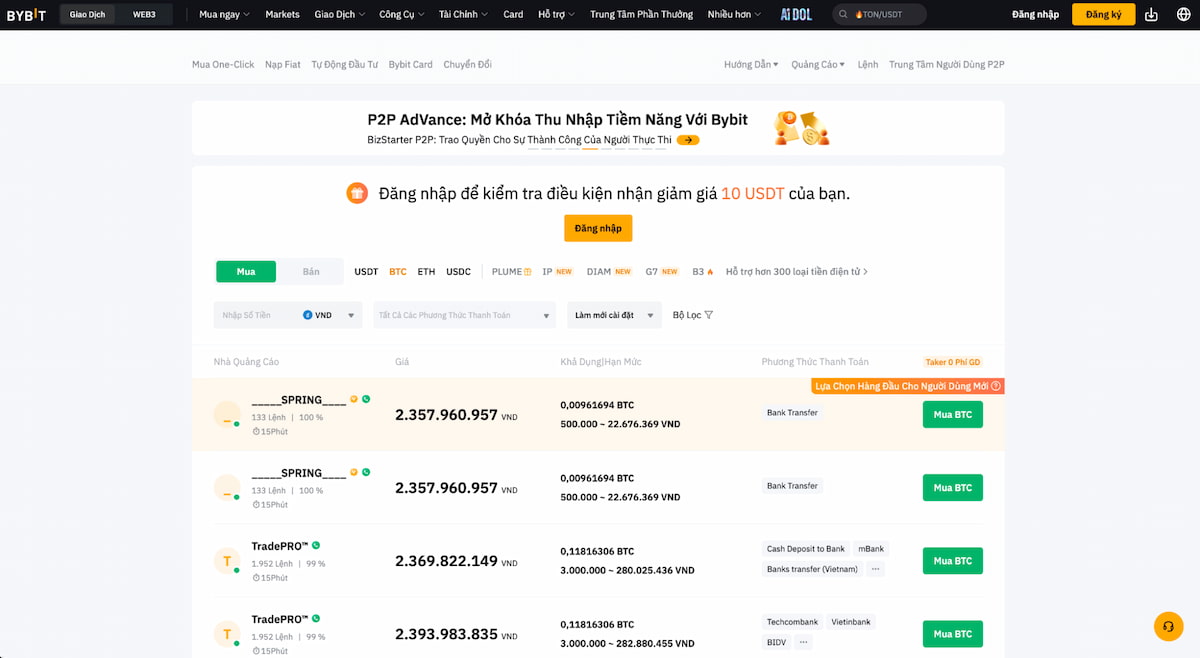 ByBit – Giao dịch tiền điện tử P2P